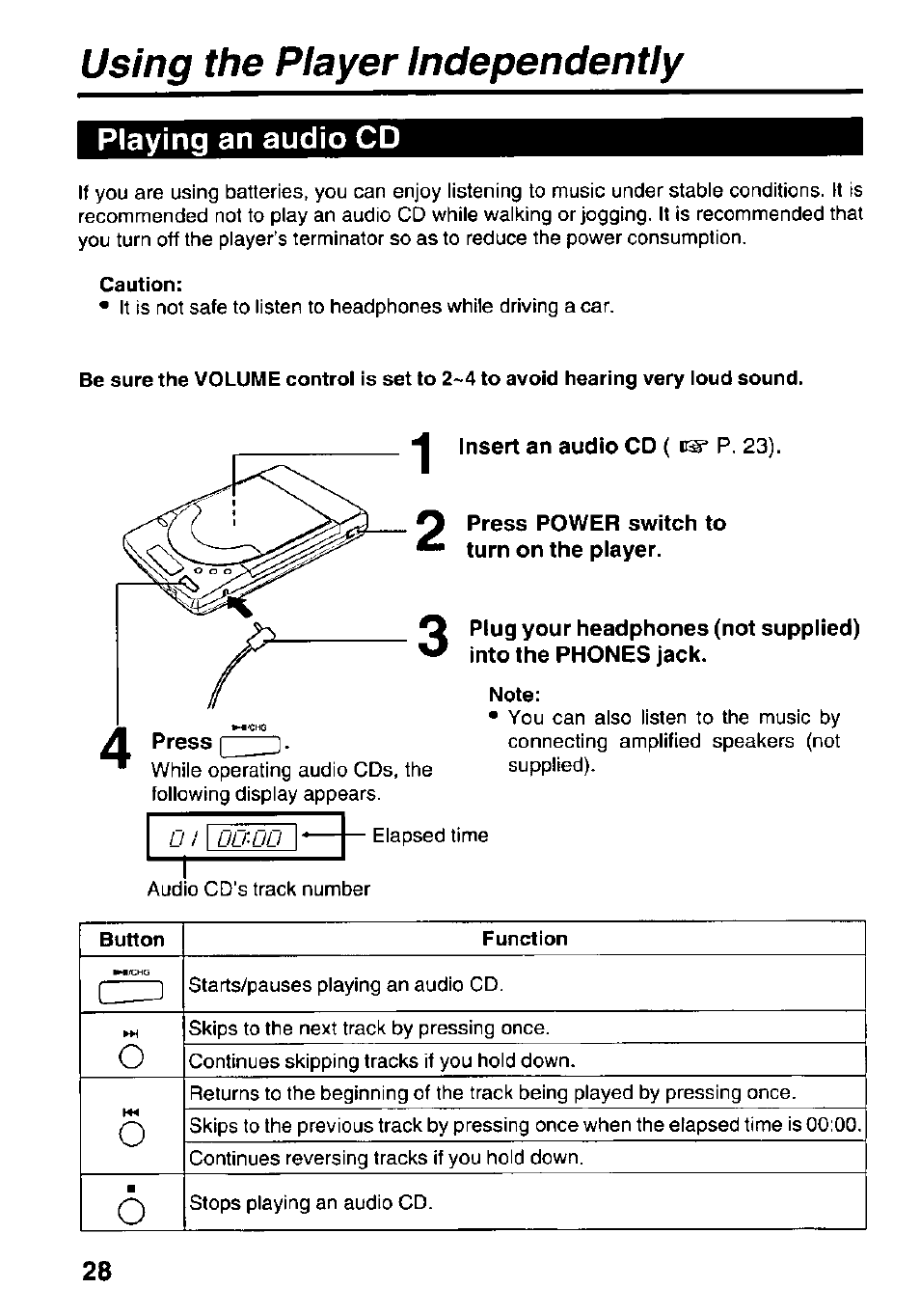 Using the player independently, Playing an audio cd, Insert an audio cd { p. 23) | Press power switch to turn on the player | Panasonic KXL-D742 User Manual | Page 28 / 40