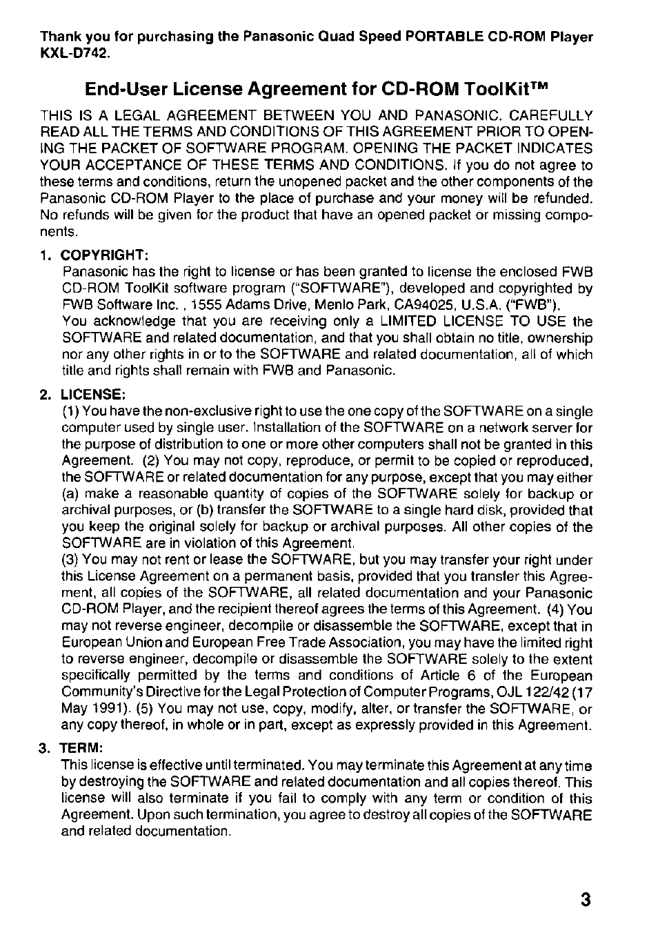 End-user license agreement for cd-rom toolkit | Panasonic KXL-D742 User Manual | Page 3 / 40
