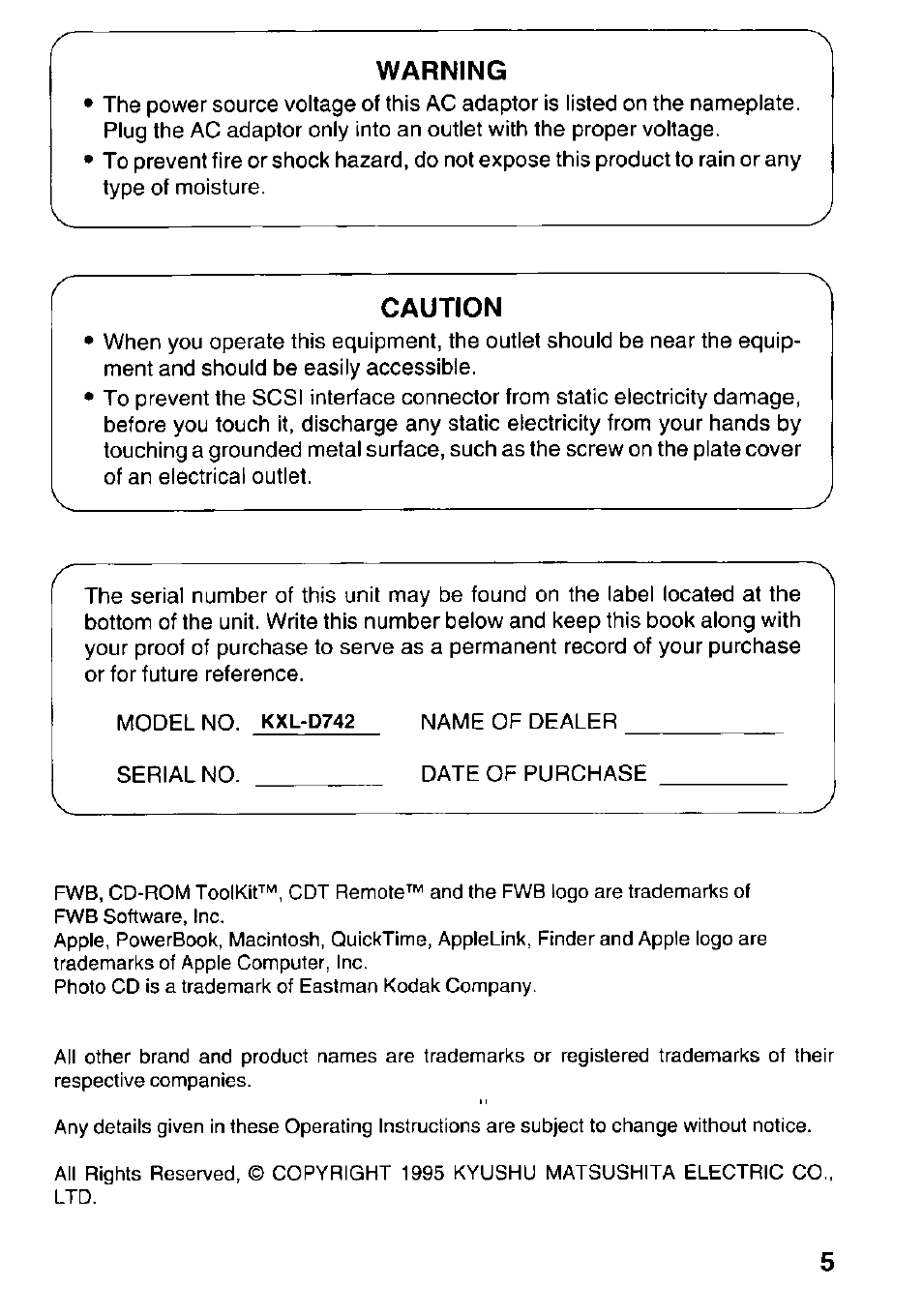 Warning, Caution | Panasonic KXL-D742 User Manual | Page 5 / 40