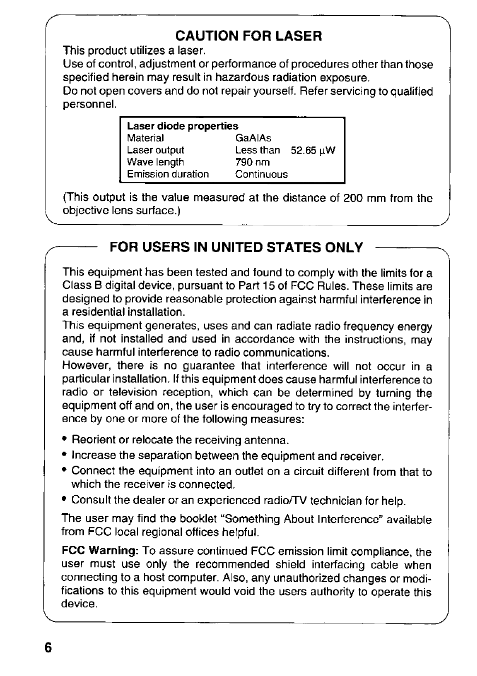 Caution for laser, For users in united states only | Panasonic KXL-D742 User Manual | Page 6 / 40