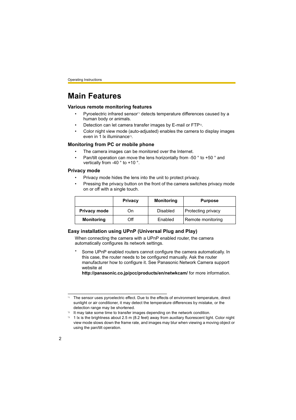 Main features | Panasonic BL-C10A User Manual | Page 2 / 104