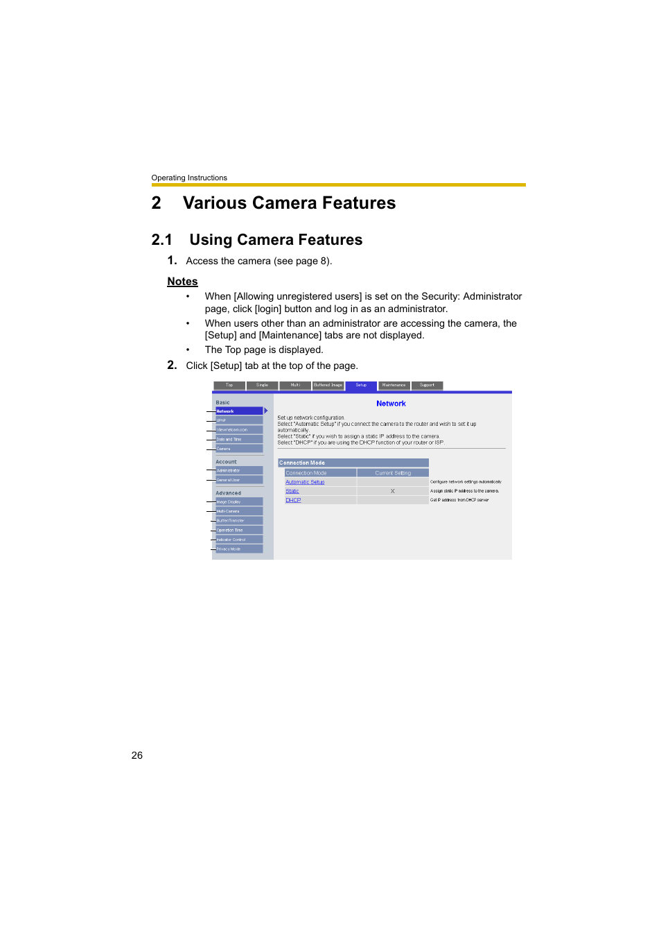 2 various camera features, 1 using camera features, E 26 | 2various camera features | Panasonic BL-C10A User Manual | Page 26 / 104