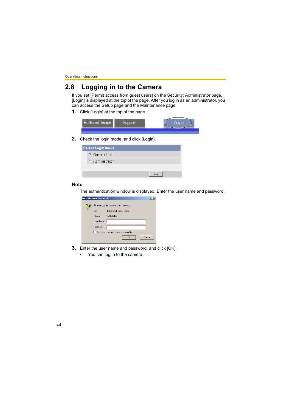 8 logging in to the camera | Panasonic BL-C10A User Manual | Page 44 / 104