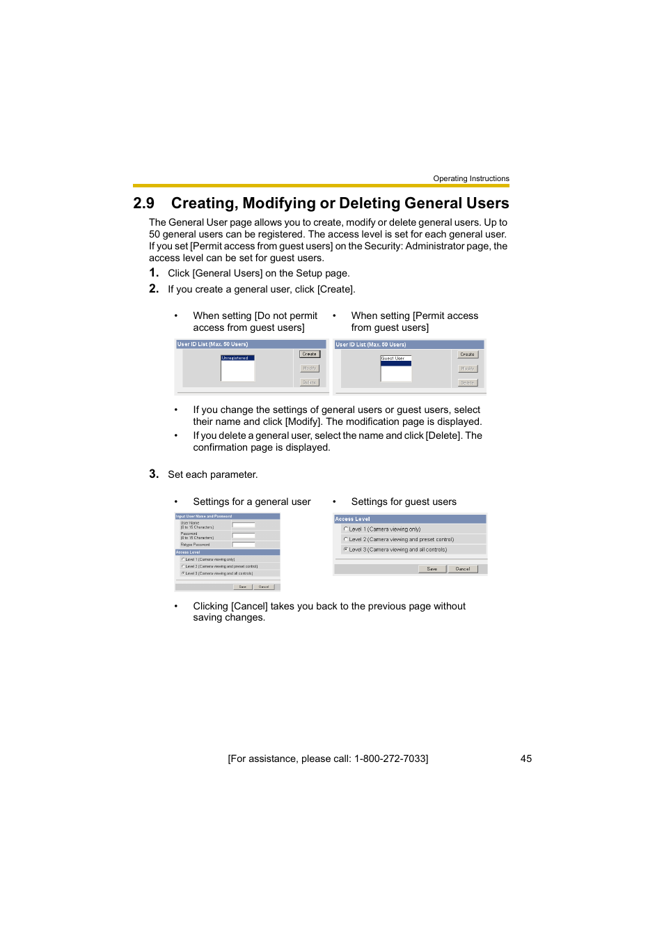 9 creating, modifying or deleting general users | Panasonic BL-C10A User Manual | Page 45 / 104