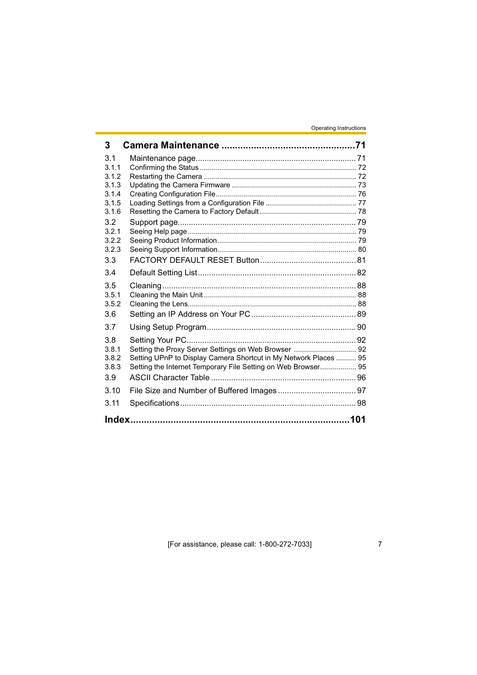 3 camera maintenance 71, Index 101, 3camera maintenance | Index | Panasonic BL-C10A User Manual | Page 7 / 104