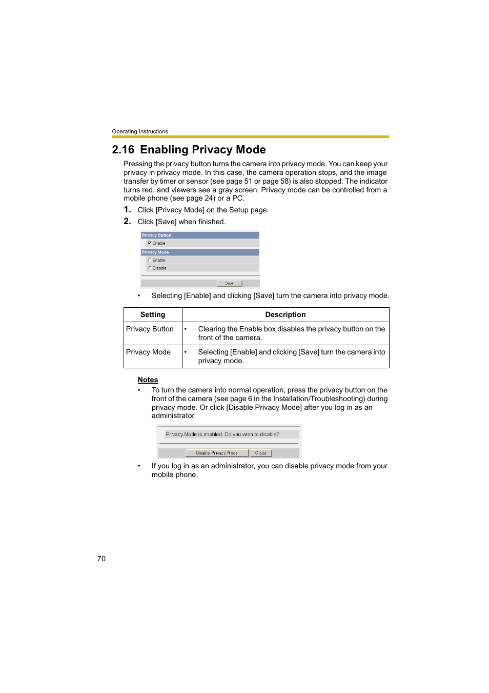 16 enabling privacy mode, Ge 70) | Panasonic BL-C10A User Manual | Page 70 / 104