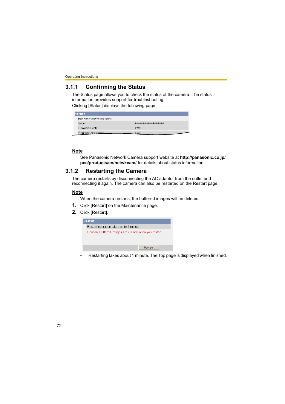 1 confirming the status, 2 restarting the camera | Panasonic BL-C10A User Manual | Page 72 / 104