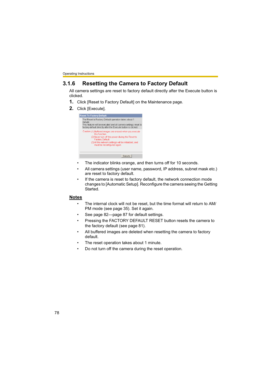 6 resetting the camera to factory default | Panasonic BL-C10A User Manual | Page 78 / 104