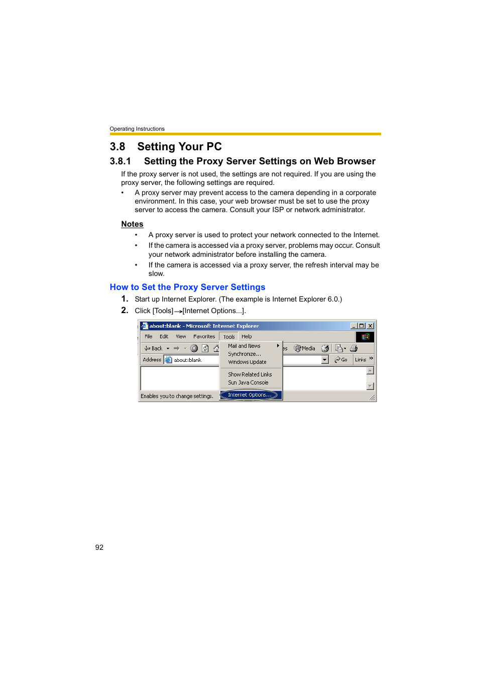 8 setting your pc, 1 setting the proxy server settings on web browser, Ge 92 | Panasonic BL-C10A User Manual | Page 92 / 104