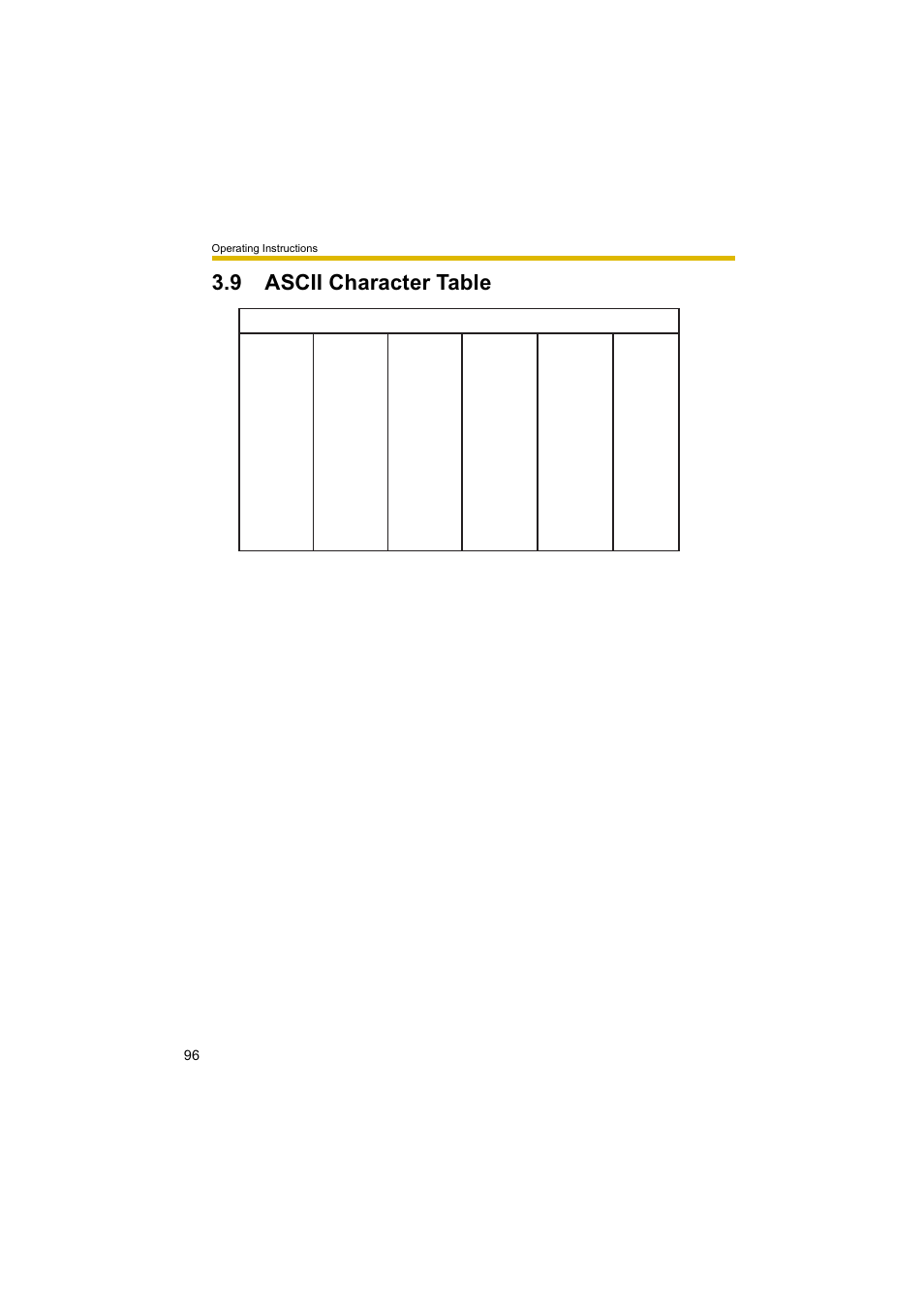 9 ascii character table, Ge 96 | Panasonic BL-C10A User Manual | Page 96 / 104