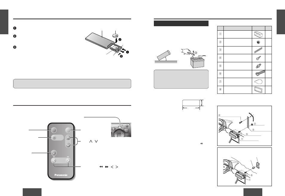 Remote control, Installation, Battery installation | Control reference guide, Installation hardware, Preparation | Panasonic CQ-R223W User Manual | Page 11 / 35