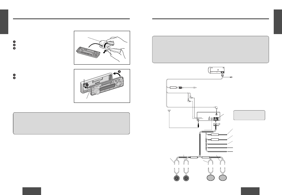Electrical connections, Anti-theft system, Place the removable face plate into case | Install removable face plate, Wiring diagram | Panasonic CQ-R223W User Manual | Page 13 / 35