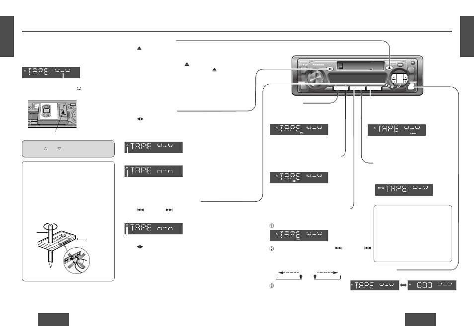 Cassette tape player, Loading a cassette, Ejecting the tape | Play side change, Rewind and fast forward, Metal tape, Blank skip, Dolby b noise reduction, Repeat play, Tape program search (tps) operation | Panasonic CQ-R223W User Manual | Page 9 / 35