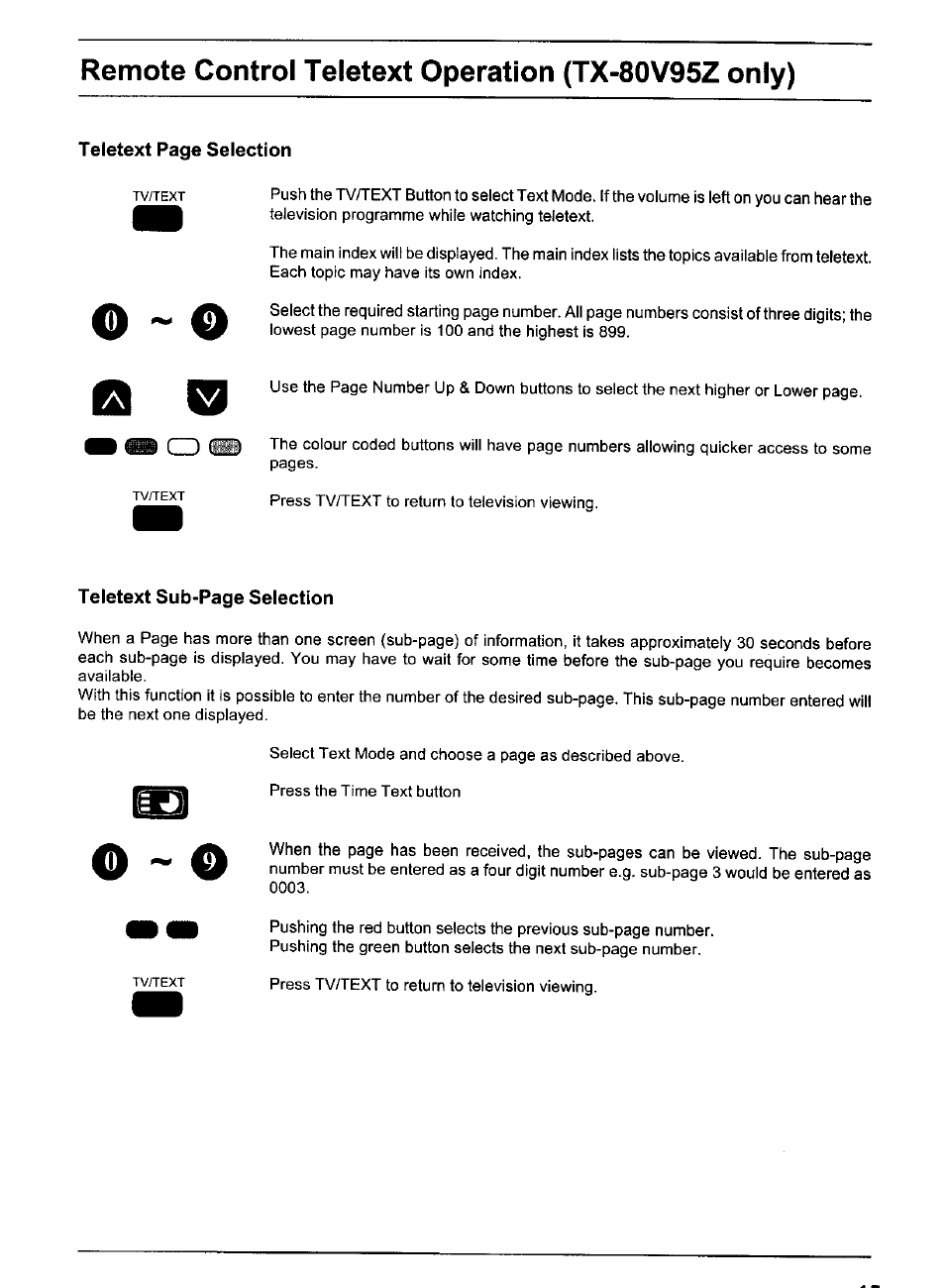 O ~ o, Remote control teletext operation (tx-80v95z only) | Panasonic TX-80V95Z User Manual | Page 15 / 21