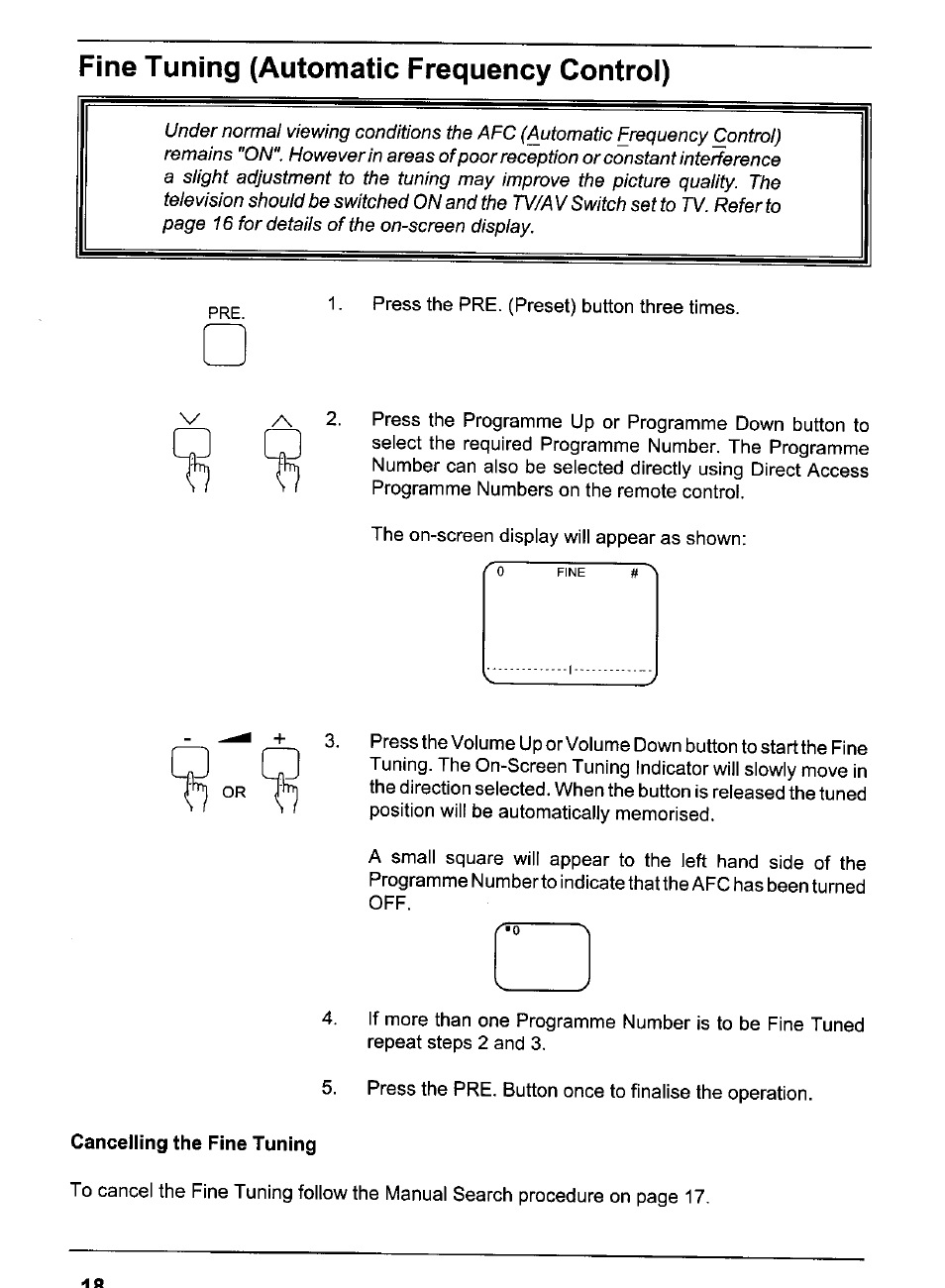 Cancelling the fine tuning, Fine tuning (automatic frequency control) | Panasonic TX-80V95Z User Manual | Page 16 / 21