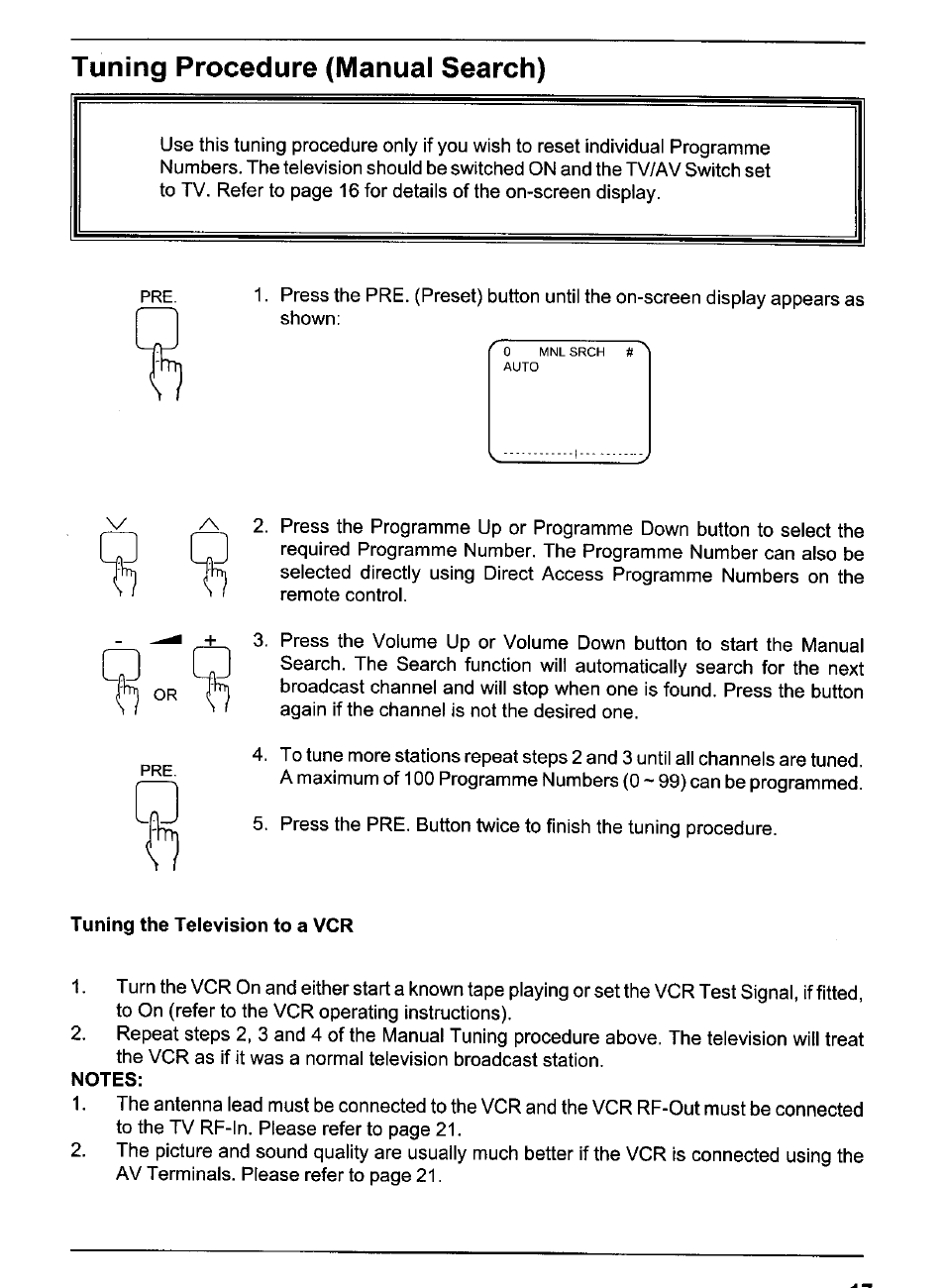 Tuning the television to a vcr, Notes, Tuning procedure (manual search) | Panasonic TX-80V95Z User Manual | Page 17 / 21