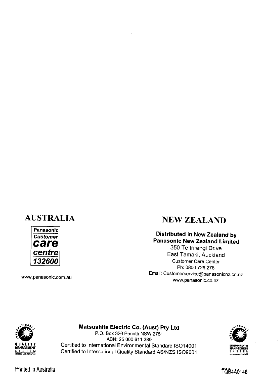 Matsushita electric co. (aust) pty ltd, Printed in australia, Тл64а0148 | Care, Australia new zealand, Centre | Panasonic TX-80V95Z User Manual | Page 20 / 21
