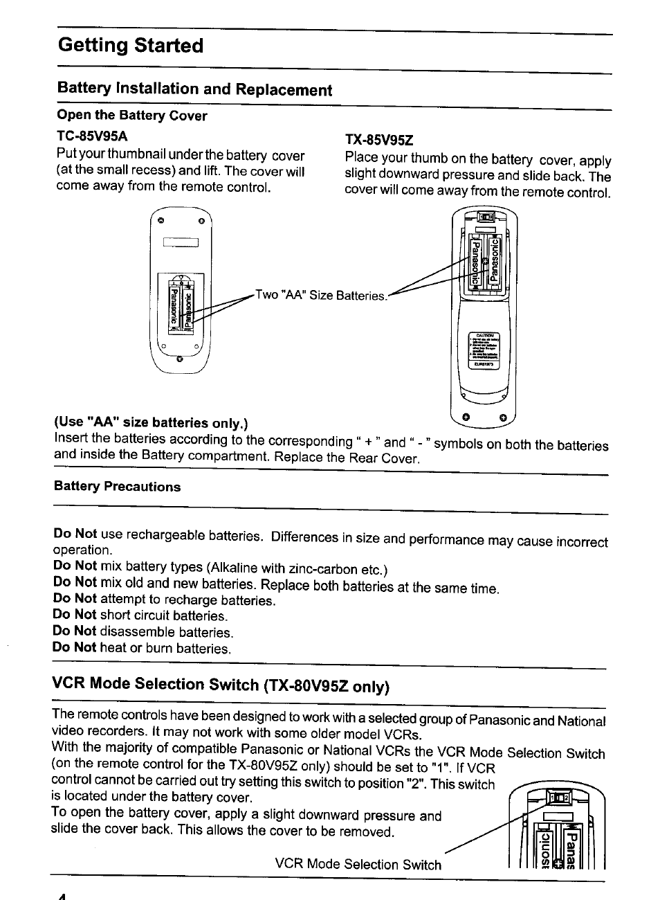 Getting started, Battery installation and replacement, Vcr mode selection switch (tx-80v95z only) | Panasonic TX-80V95Z User Manual | Page 4 / 21