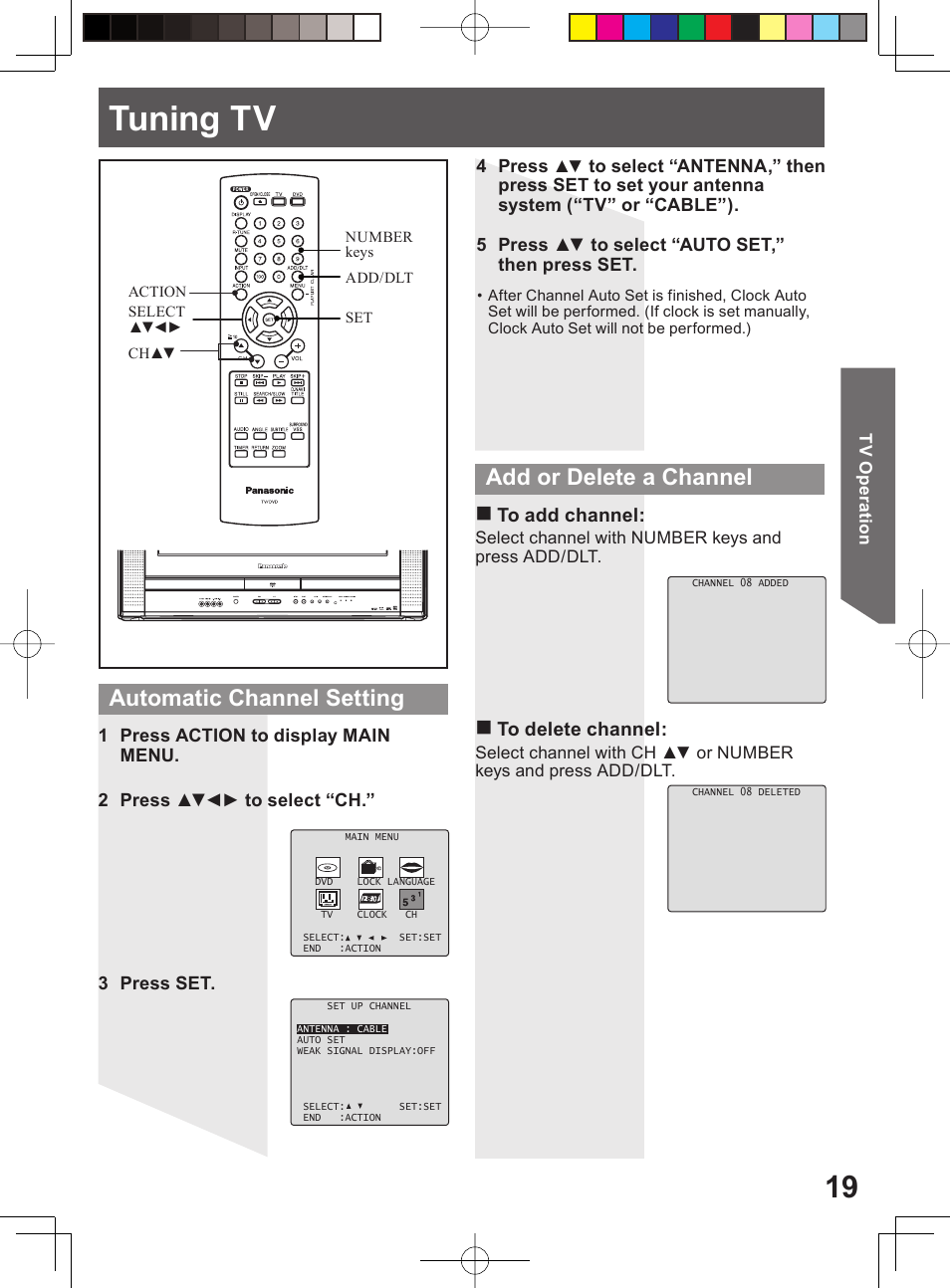 Tuning tv, Automatic channel setting, Add or delete a chan nel | Panasonic PV-27DF4 User Manual | Page 19 / 76