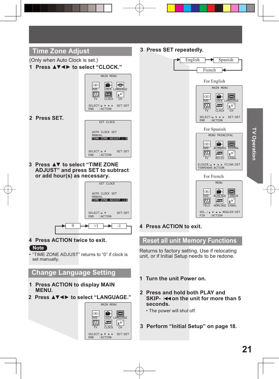 Time zone adjust, 1 press ▲▼◄► to select “clock.” 2 press set, On the unit for more than 5 seconds | 3 perform “initial setup” on page 18 | Panasonic PV-27DF4 User Manual | Page 21 / 76