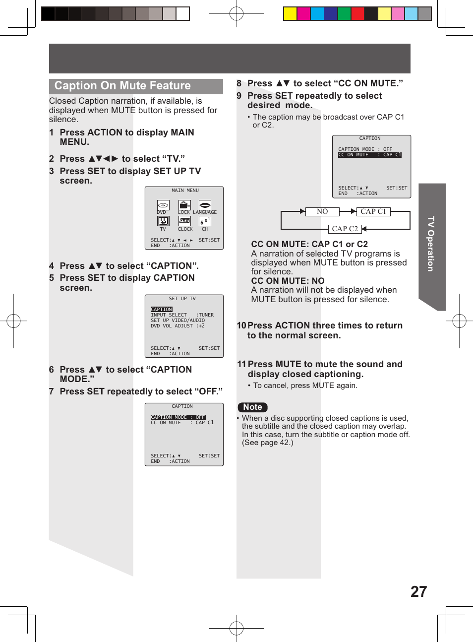 Caption on mute feature, 1 press action to display main menu | Panasonic PV-27DF4 User Manual | Page 27 / 76