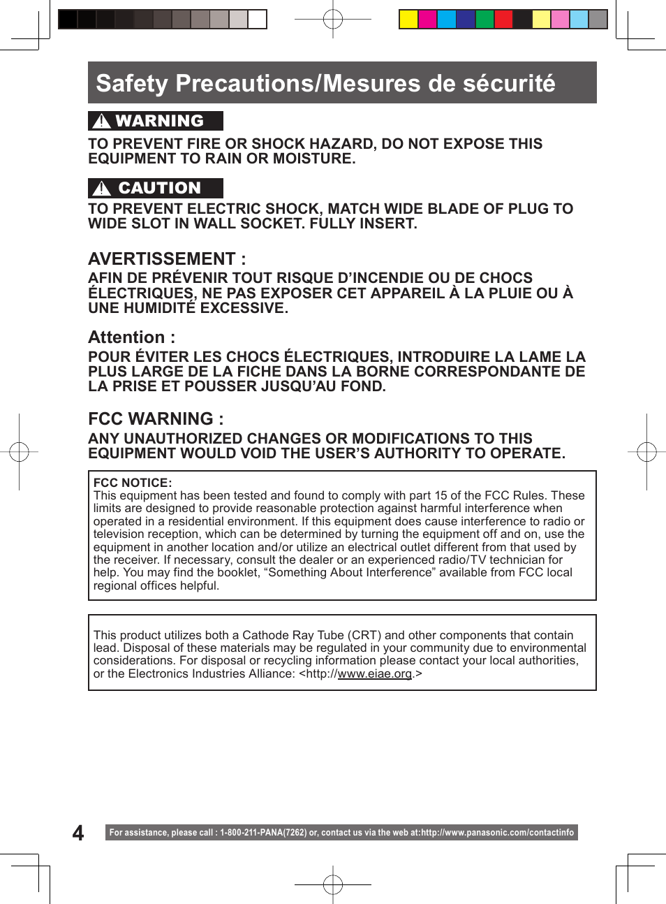 Safety precautions / measures de securite, Safety precautions/mesures de sécurité, Fcc warning | Avertissement, Attention | Panasonic PV-27DF4 User Manual | Page 4 / 76