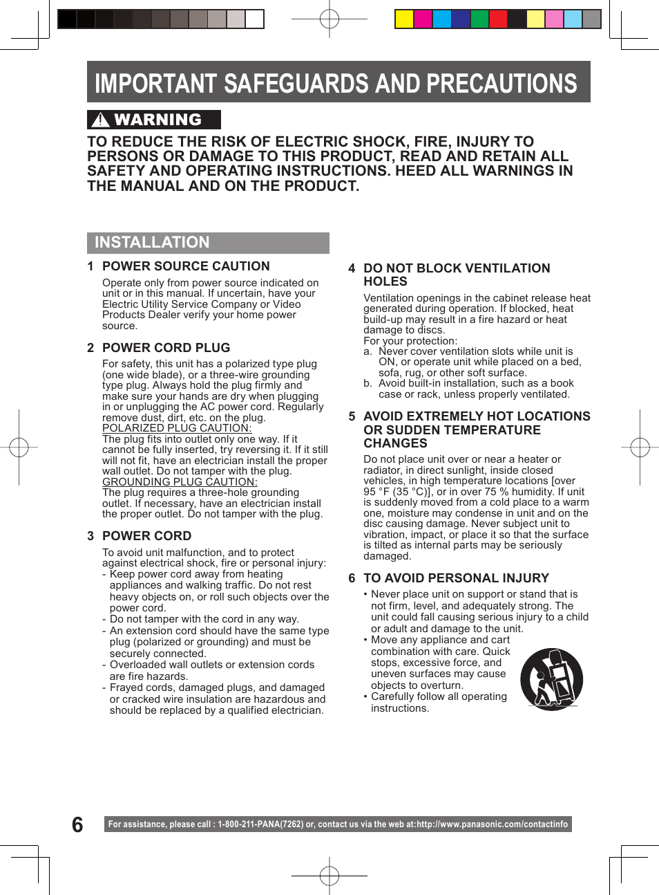 Important safeguards and precautions, Important safeguards and pre cau tions, Installation | Warning | Panasonic PV-27DF4 User Manual | Page 6 / 76