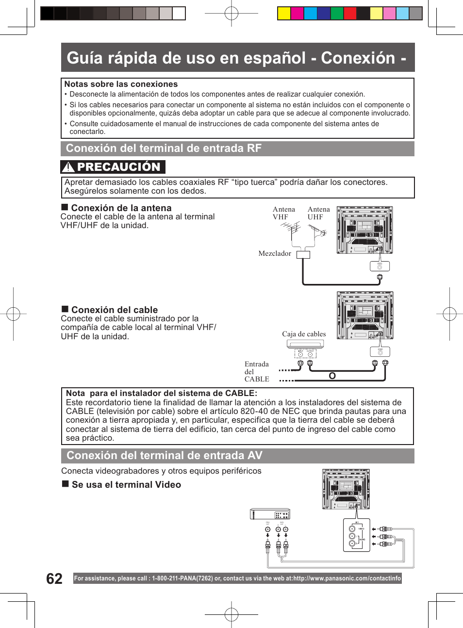 Spanish quick use guide, Guía rápida de uso en español - conexión, Conexión del terminal de entrada rf | Conexión del terminal de entrada av, Precaución, Conexión de la antena, Conexión del cable, Se usa el terminal video | Panasonic PV-27DF4 User Manual | Page 62 / 76