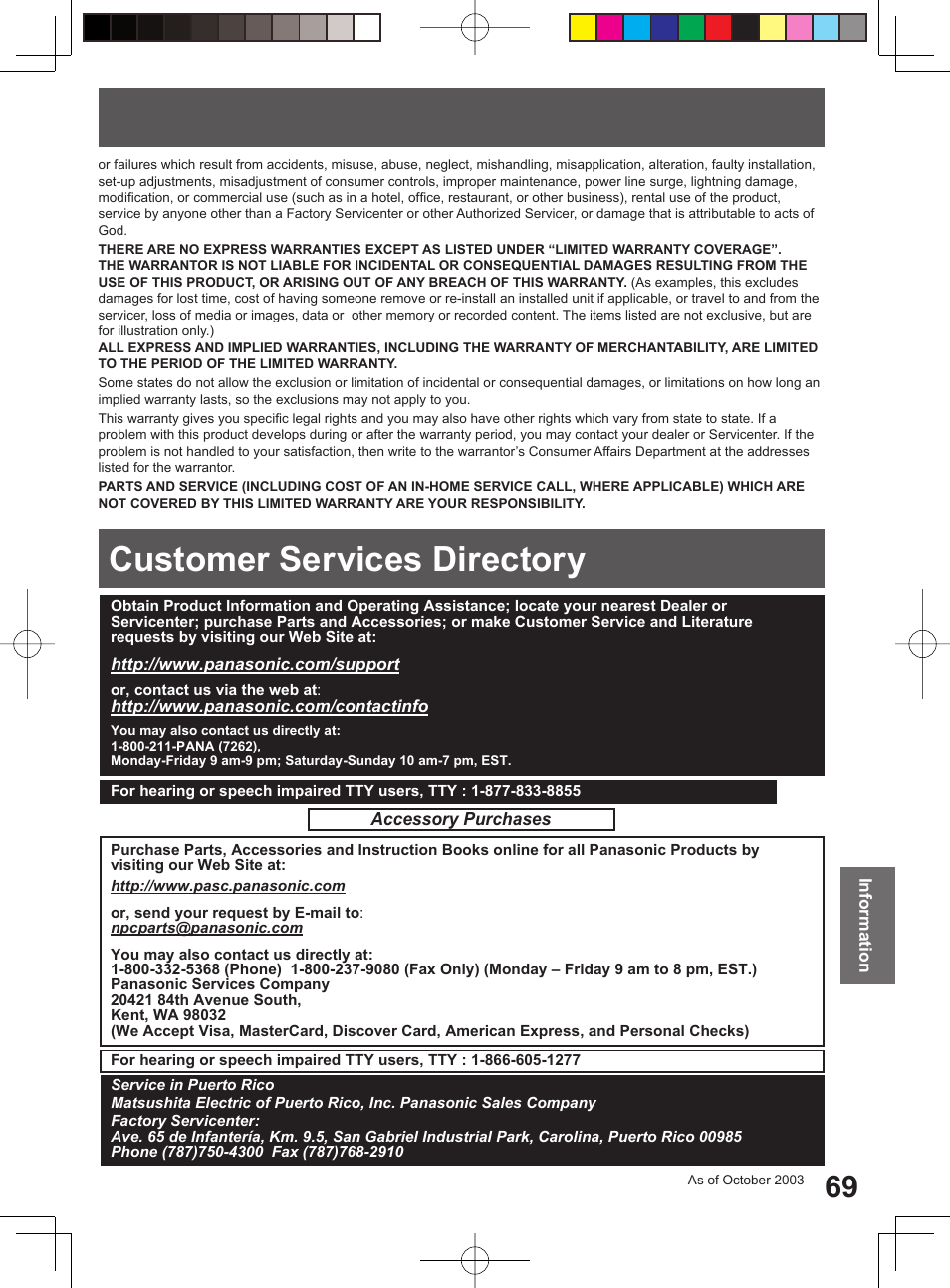 Customer service directory, Customer services directory | Panasonic PV-27DF4 User Manual | Page 69 / 76