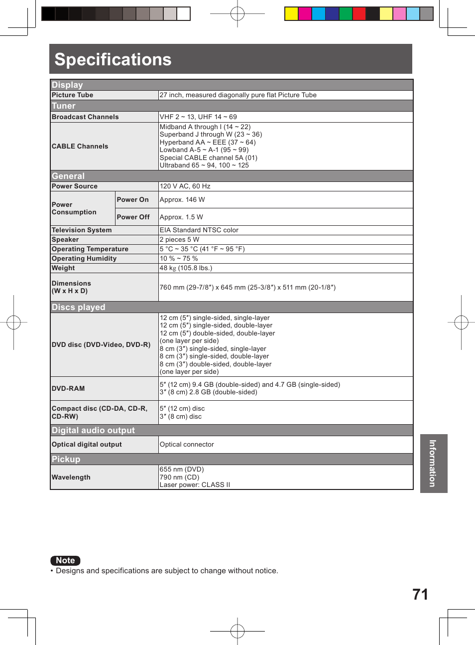 Specifications | Panasonic PV-27DF4 User Manual | Page 71 / 76