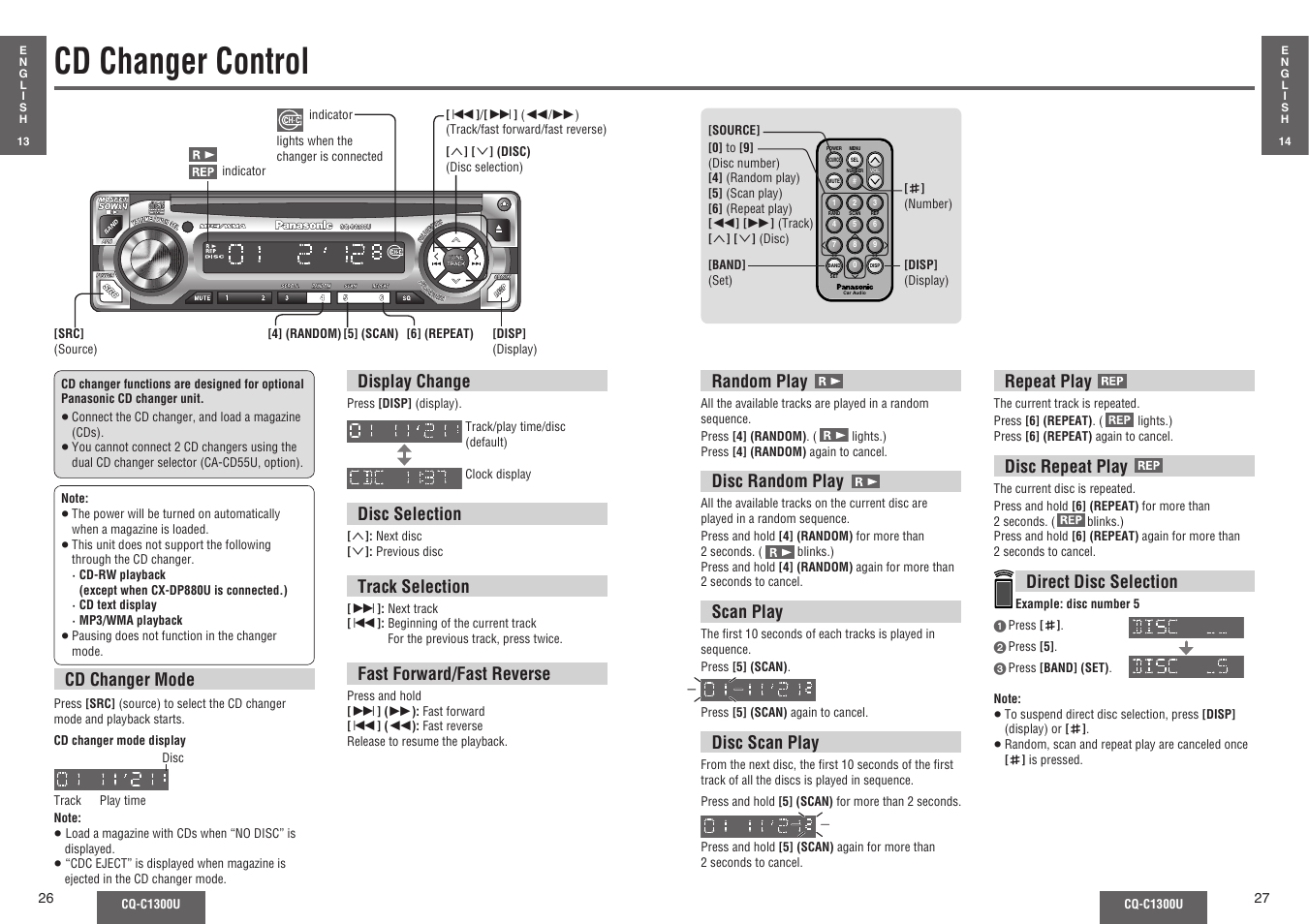 Cd changer control, Disc selection, Track selection | Fast forward/fast reverse, Cd changer mode, Random play, Disc random play, Scan play, Disc scan play, Repeat play | Panasonic CQ-C1300U User Manual | Page 10 / 21