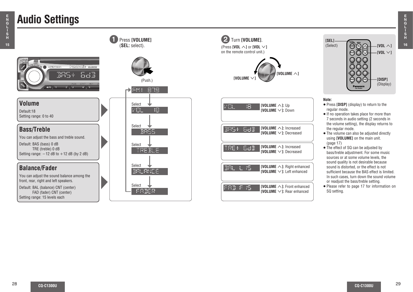 Audio settings, Volume, Bass/treble | Balance/fader | Panasonic CQ-C1300U User Manual | Page 11 / 21