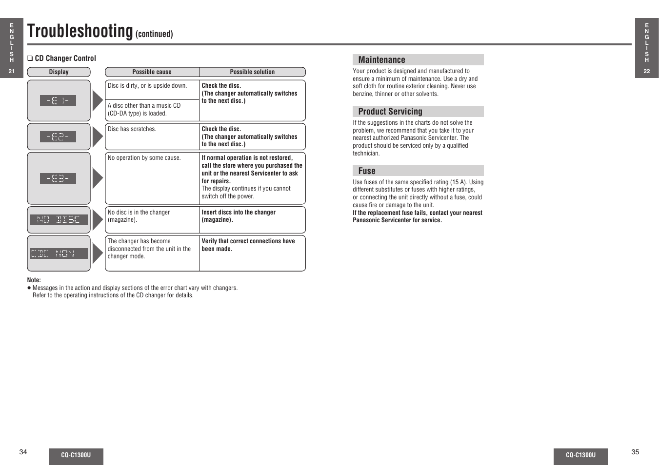 Troubleshooting | Panasonic CQ-C1300U User Manual | Page 14 / 21