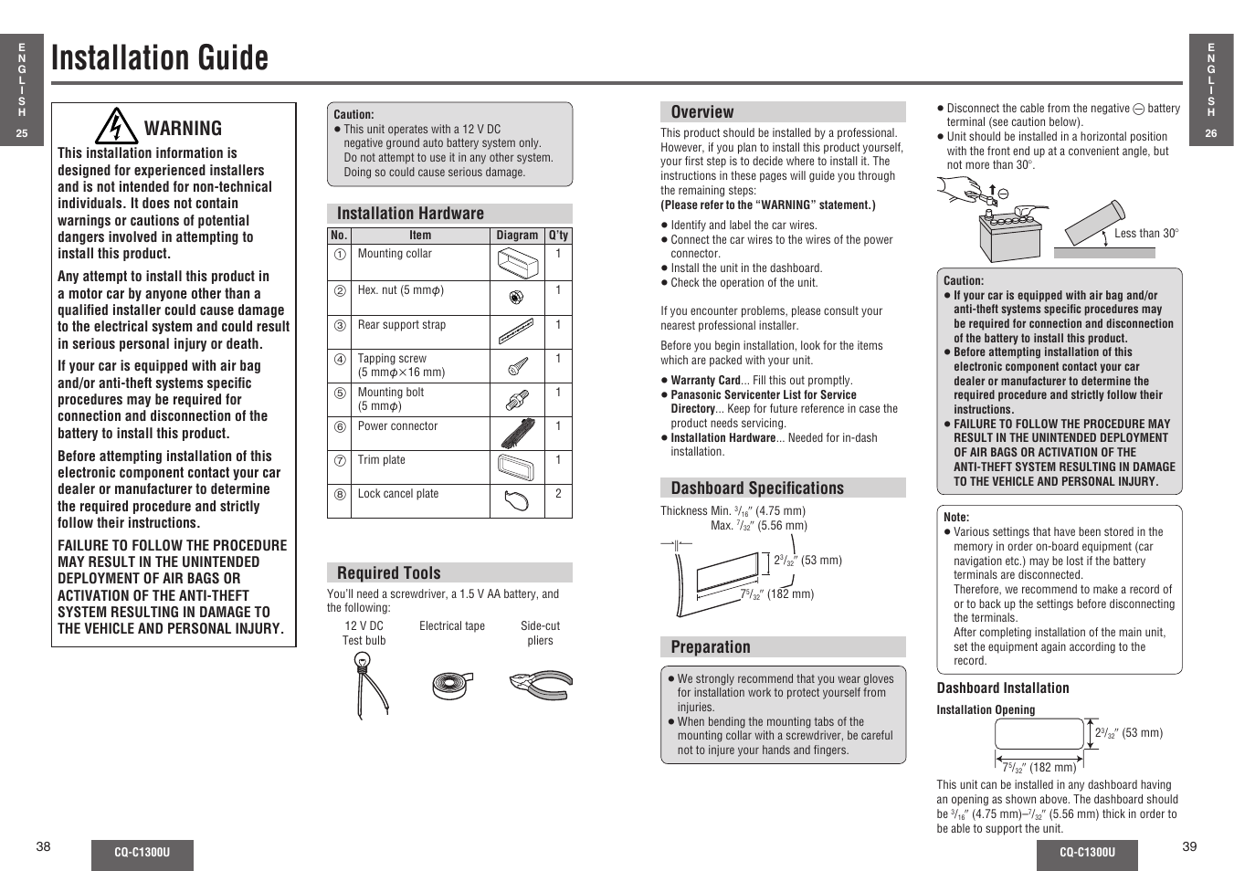Installation guide, Warning | Panasonic CQ-C1300U User Manual | Page 16 / 21