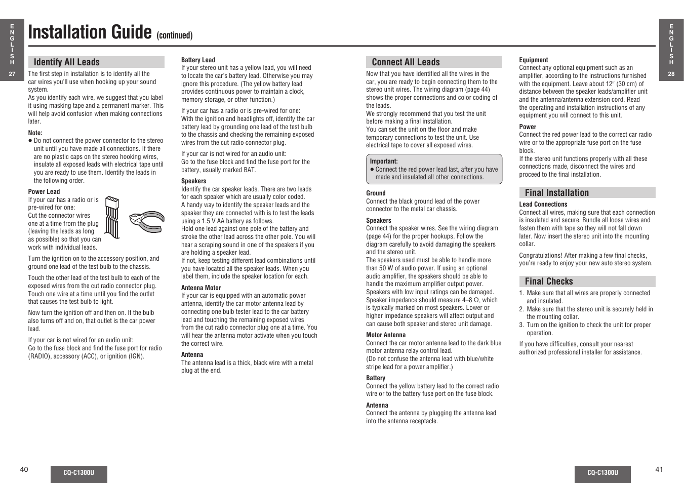 Installation guide | Panasonic CQ-C1300U User Manual | Page 17 / 21