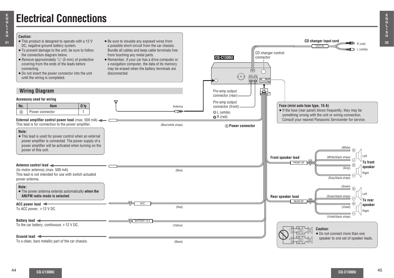 Electrical connections, Wiring diagram | Panasonic CQ-C1300U User Manual | Page 19 / 21