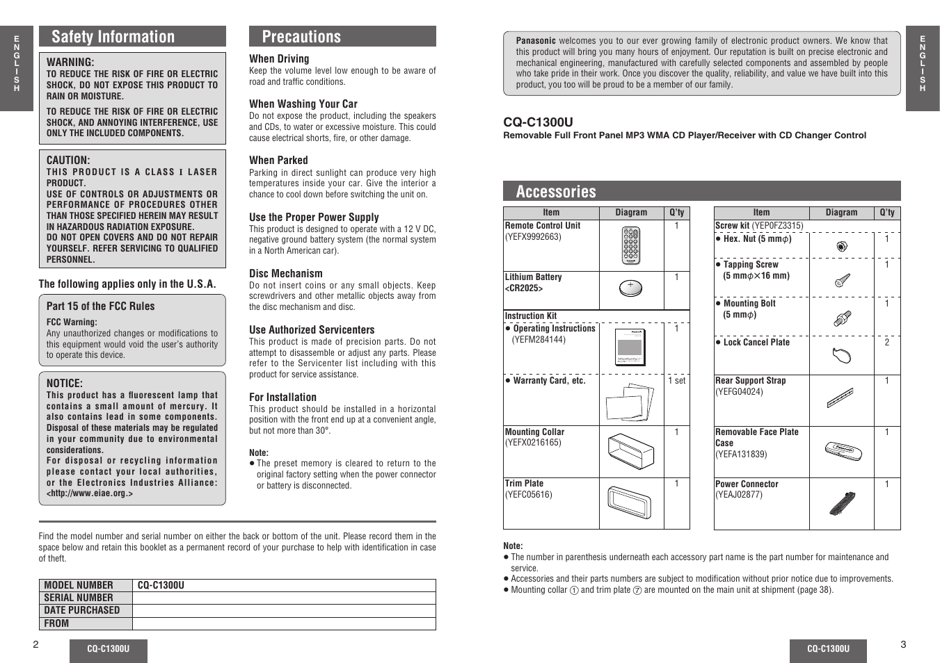 Safety information, Precautions, Accessories | Scan menu number 8 0 | Panasonic CQ-C1300U User Manual | Page 2 / 21