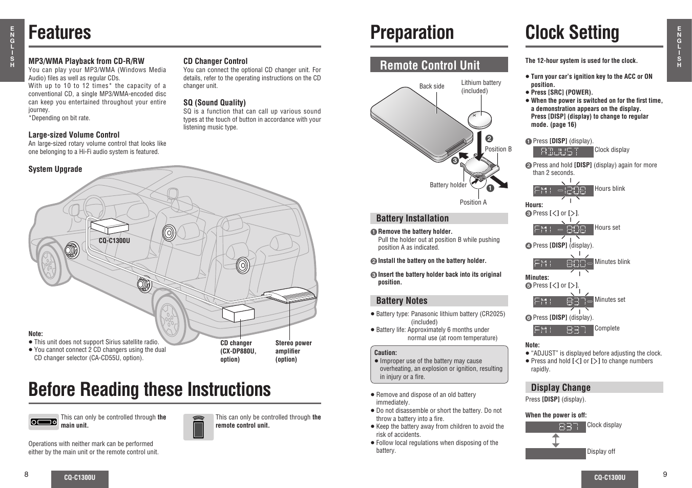 Features, Preparation, Clock setting | Before reading these instructions features, Remote control unit | Panasonic CQ-C1300U User Manual | Page 3 / 21