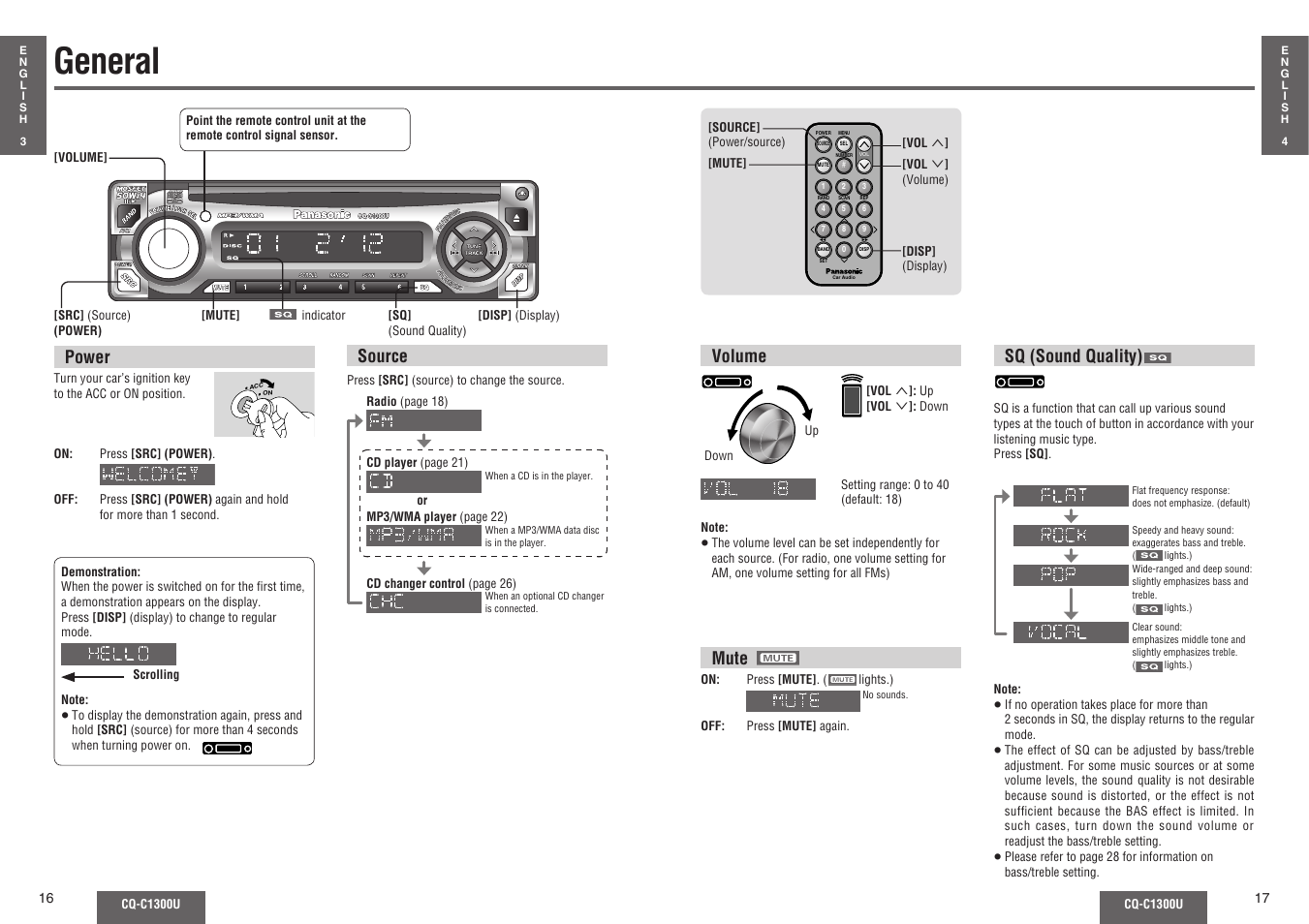 General, Volume, Source | Sq (sound quality), Power, Mute | Panasonic CQ-C1300U User Manual | Page 5 / 21