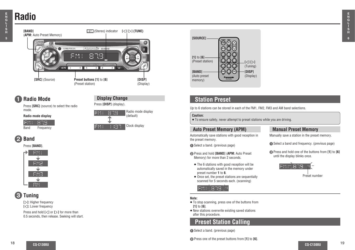 Radio, Station preset, Preset station calling | Radio mode, Band, Tuning, Display change | Panasonic CQ-C1300U User Manual | Page 6 / 21