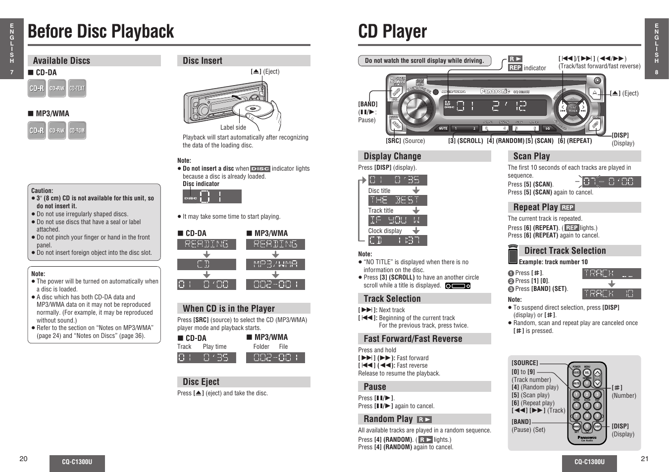 Before disc playback, Cd player | Panasonic CQ-C1300U User Manual | Page 7 / 21