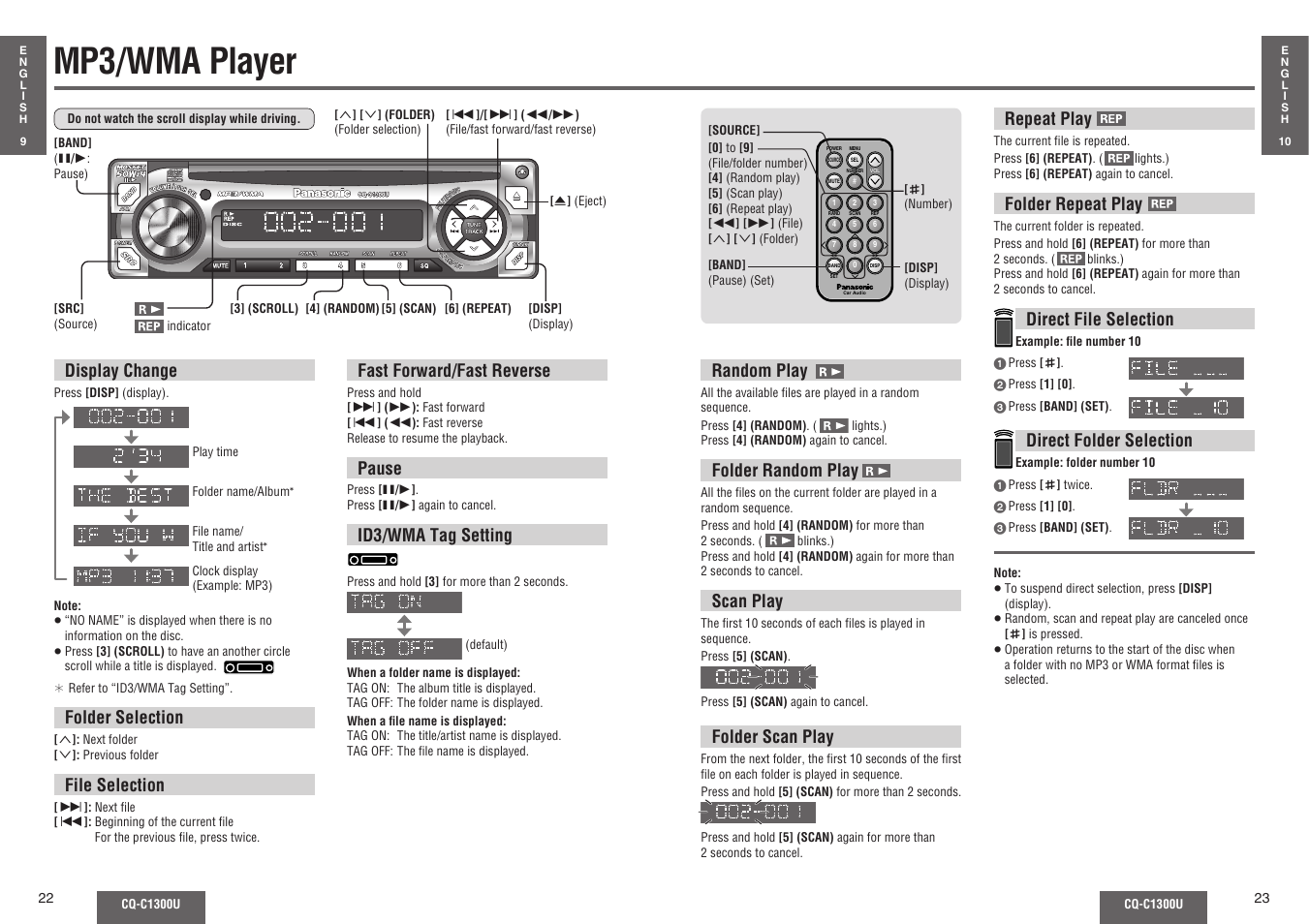 Mp3/wma player, Fast forward/fast reverse, Pause | Id3/wma tag setting, Display change, Folder selection, File selection, Random play, Folder random play, Scan play | Panasonic CQ-C1300U User Manual | Page 8 / 21