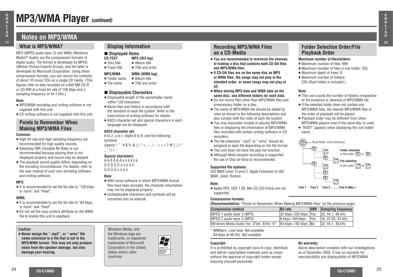 Mp3/wma player | Panasonic CQ-C1300U User Manual | Page 9 / 21