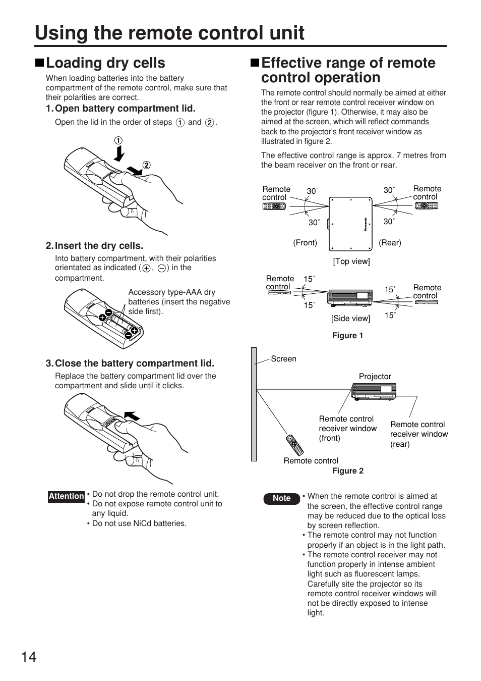 Using the remote control unit, Loading dry cells, Effective range of remote control operation | Panasonic PT-D5500EL User Manual | Page 14 / 60