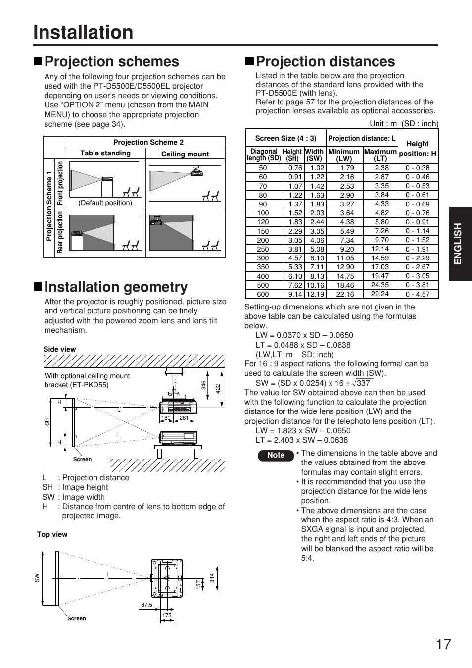 Installation, Projection schemes, Installation geometry | Projection distances, English | Panasonic PT-D5500EL User Manual | Page 17 / 60