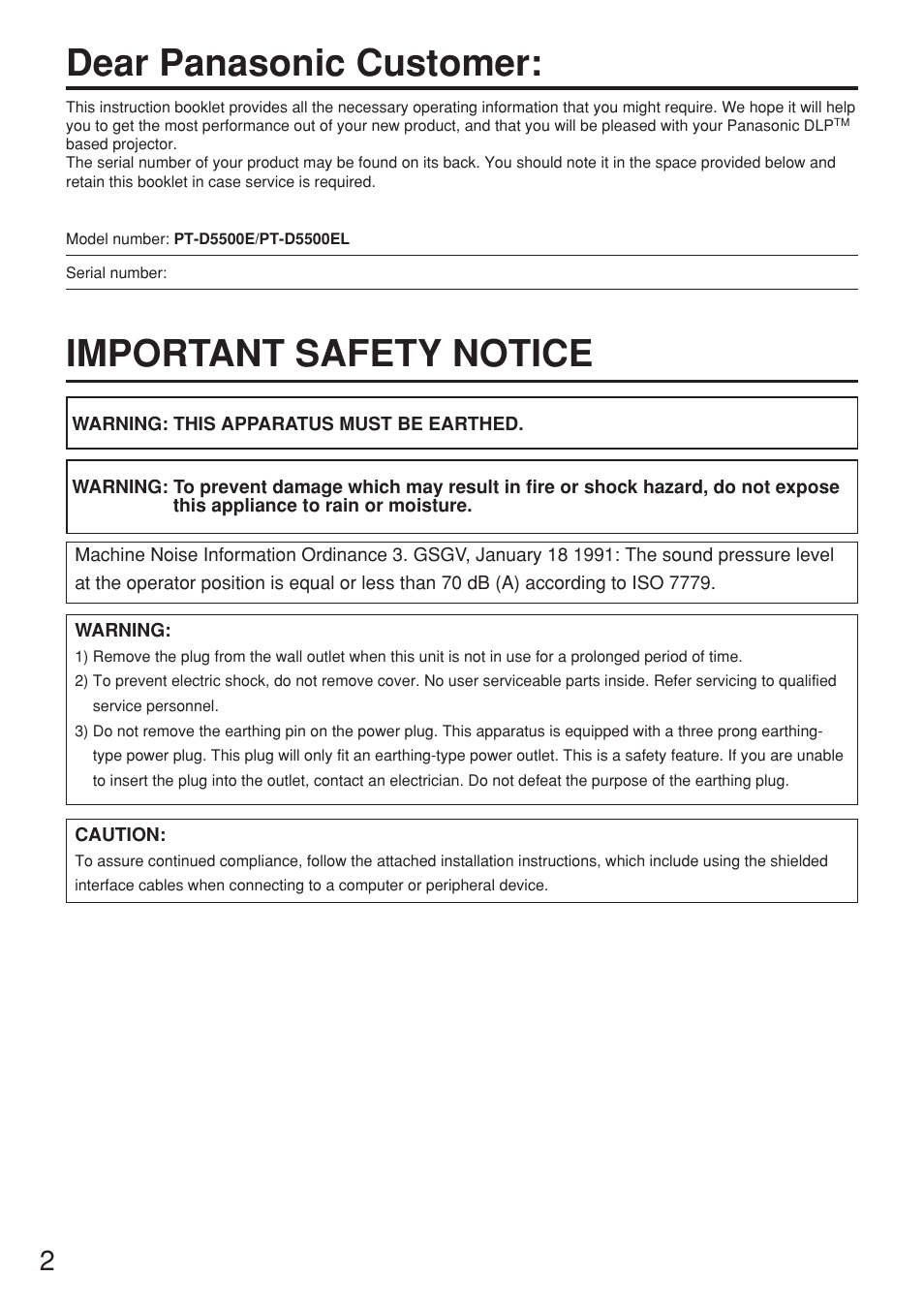 Dear panasonic customer, Important safety notice | Panasonic PT-D5500EL User Manual | Page 2 / 60