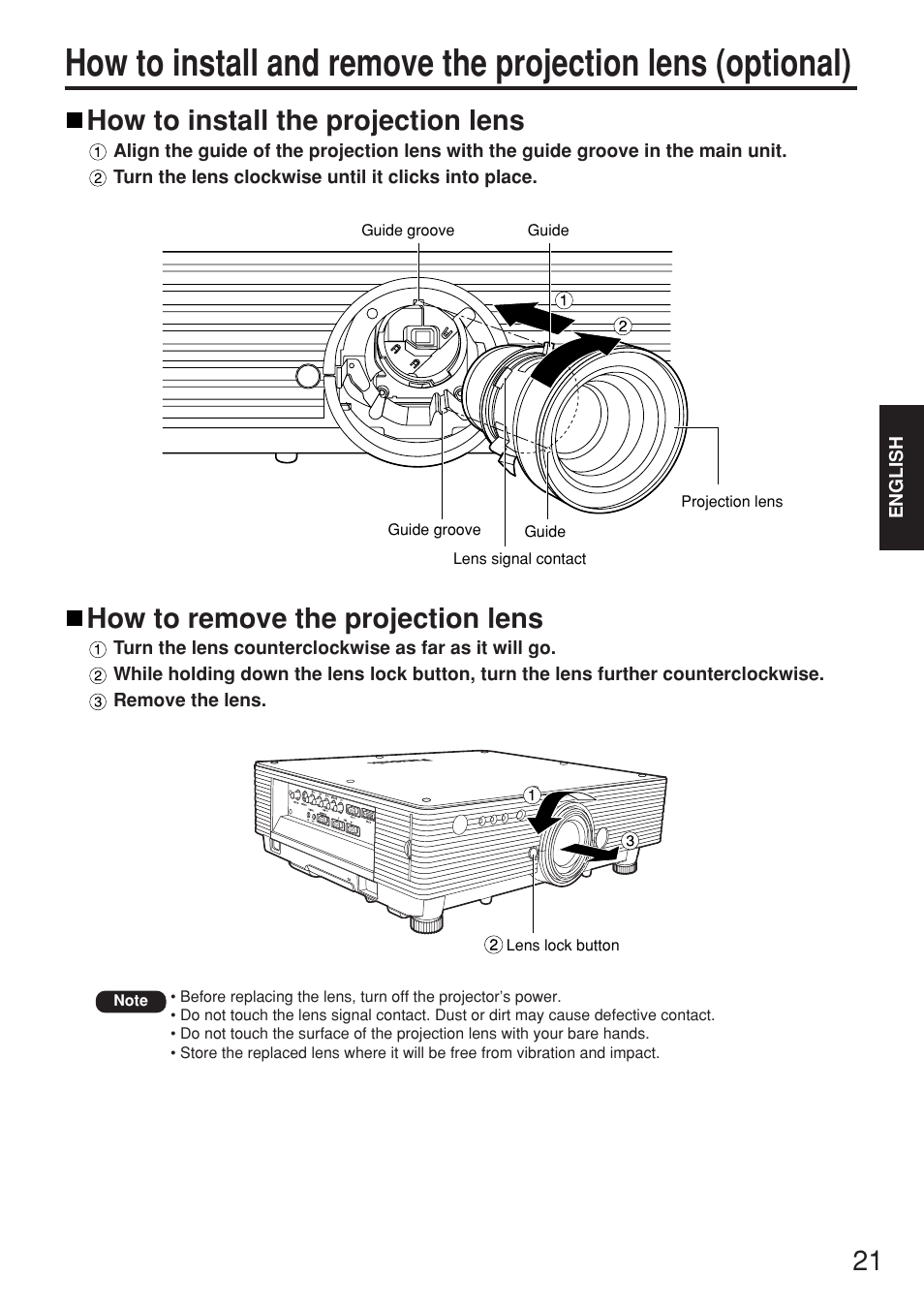 How to install the projection lens, How to remove the projection lens | Panasonic PT-D5500EL User Manual | Page 21 / 60