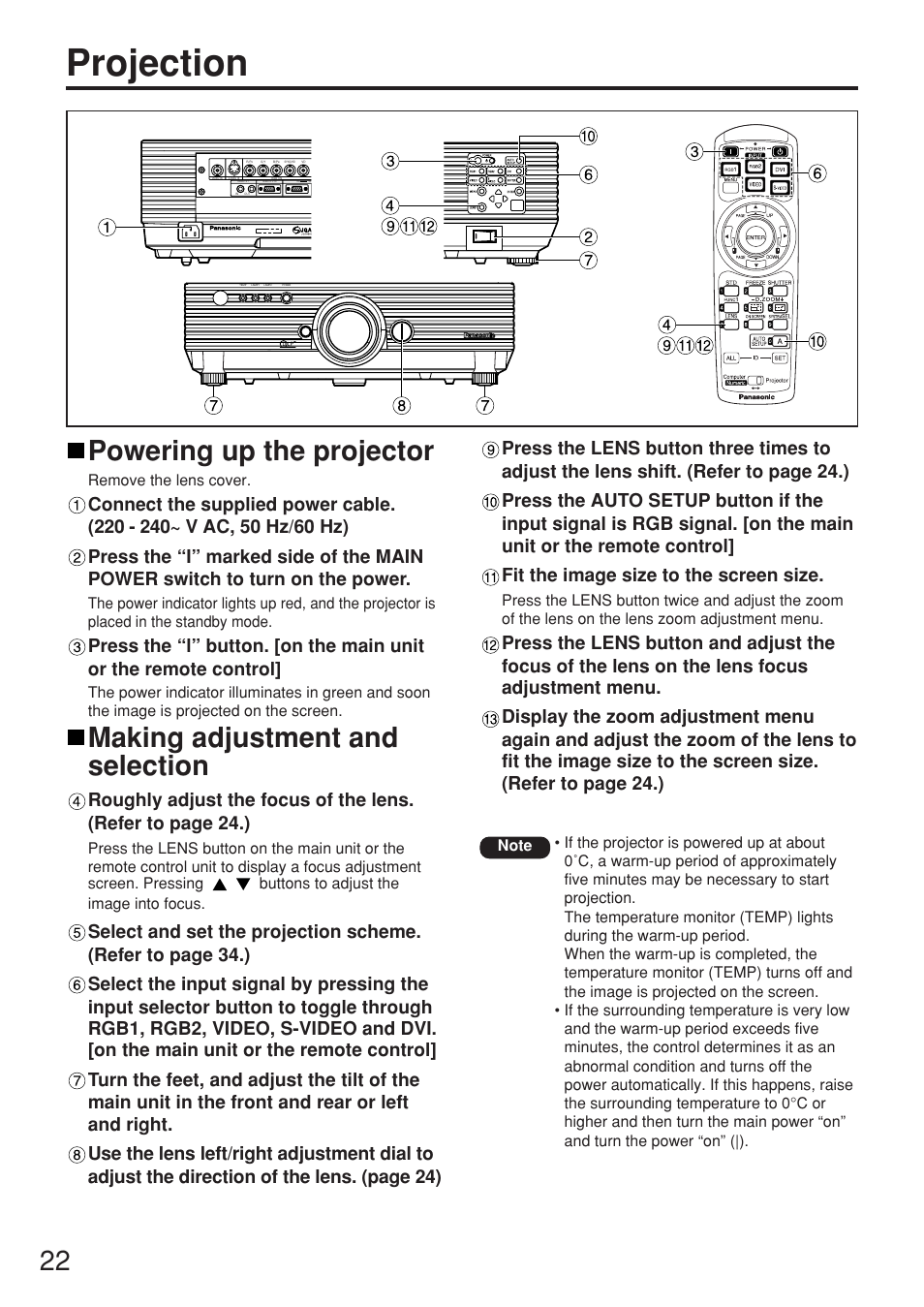 Projection, Powering up the projector, Making adjustment and selection | Remove the lens cover | Panasonic PT-D5500EL User Manual | Page 22 / 60