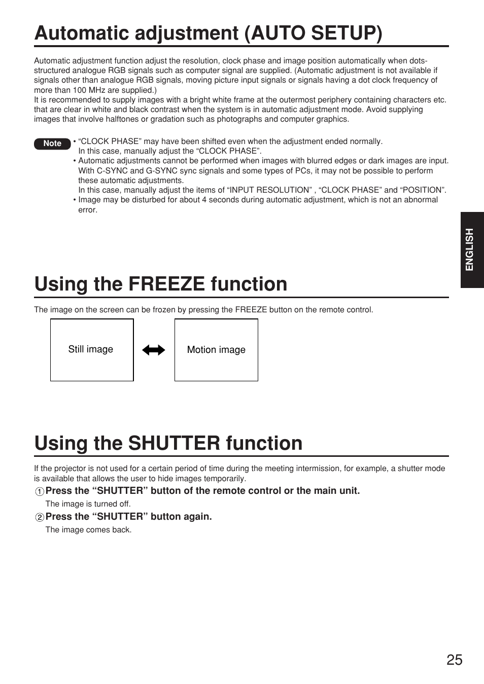 Automatic adjustment (auto setup), Using the freeze function, Using the shutter function | Panasonic PT-D5500EL User Manual | Page 25 / 60
