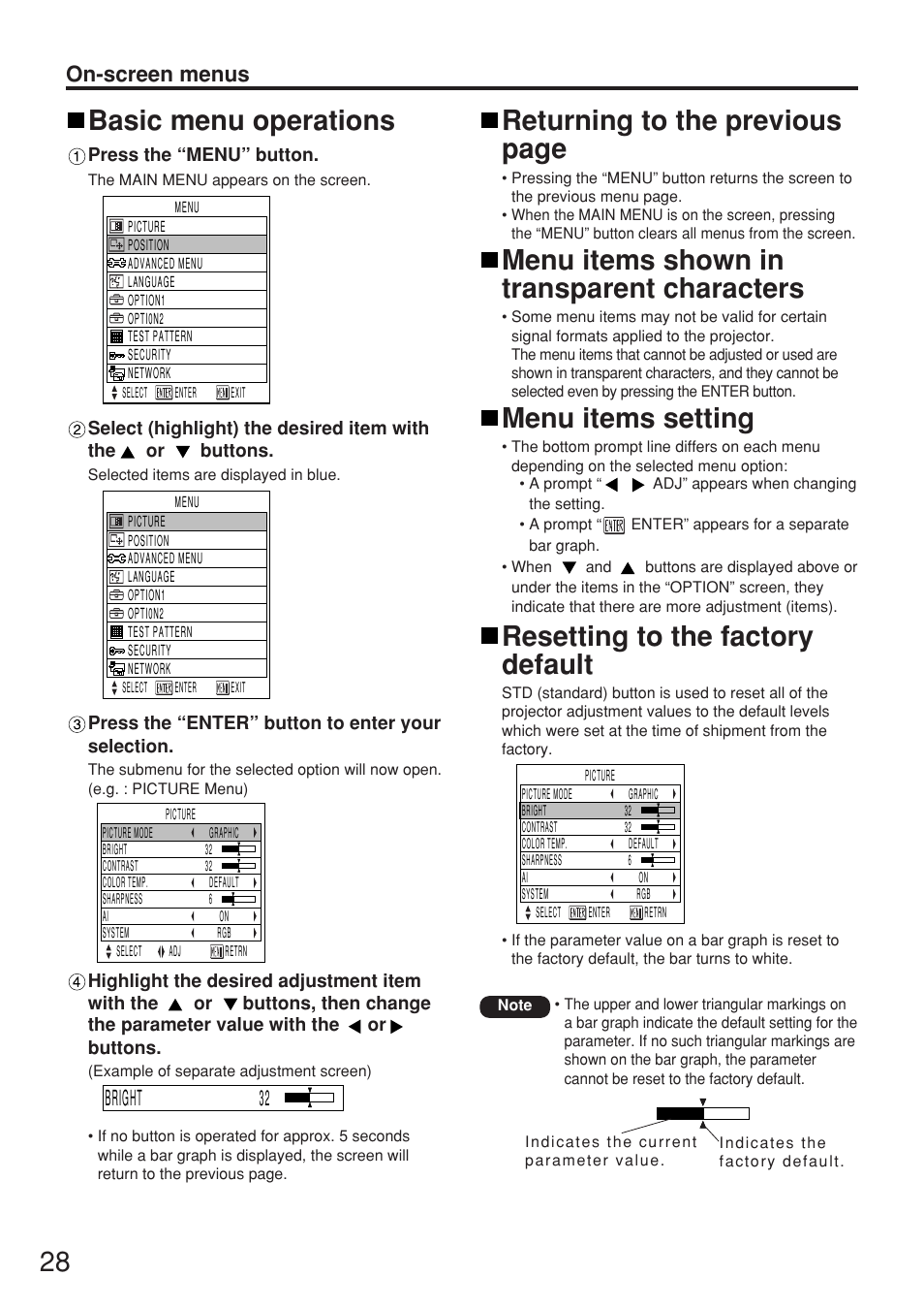 Basic menu operations, Returning to the previous page, Menu items shown in transparent characters | Menu items setting, Resetting to the factory default, On-screen menus, Bright 32 | Panasonic PT-D5500EL User Manual | Page 28 / 60